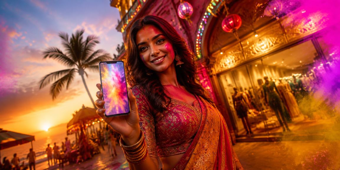 Vibrant Goa beach casino app during Holi festival celebration