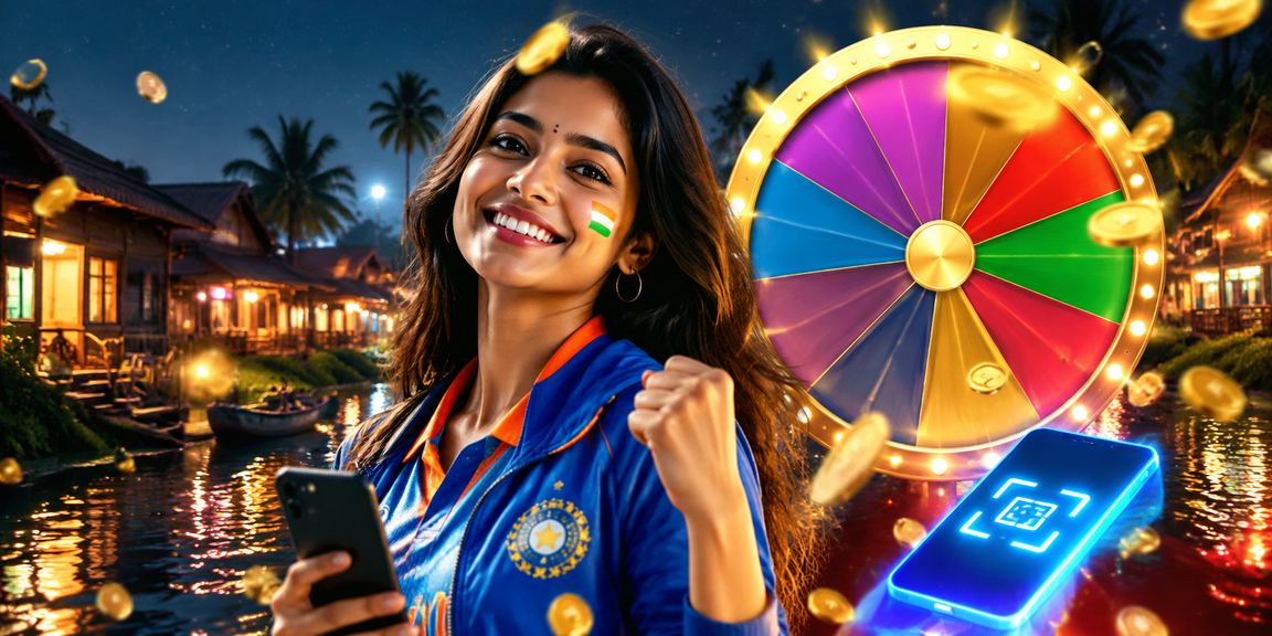 Player using mobile device to enjoy slots and IPL-themed games at Kerala night market